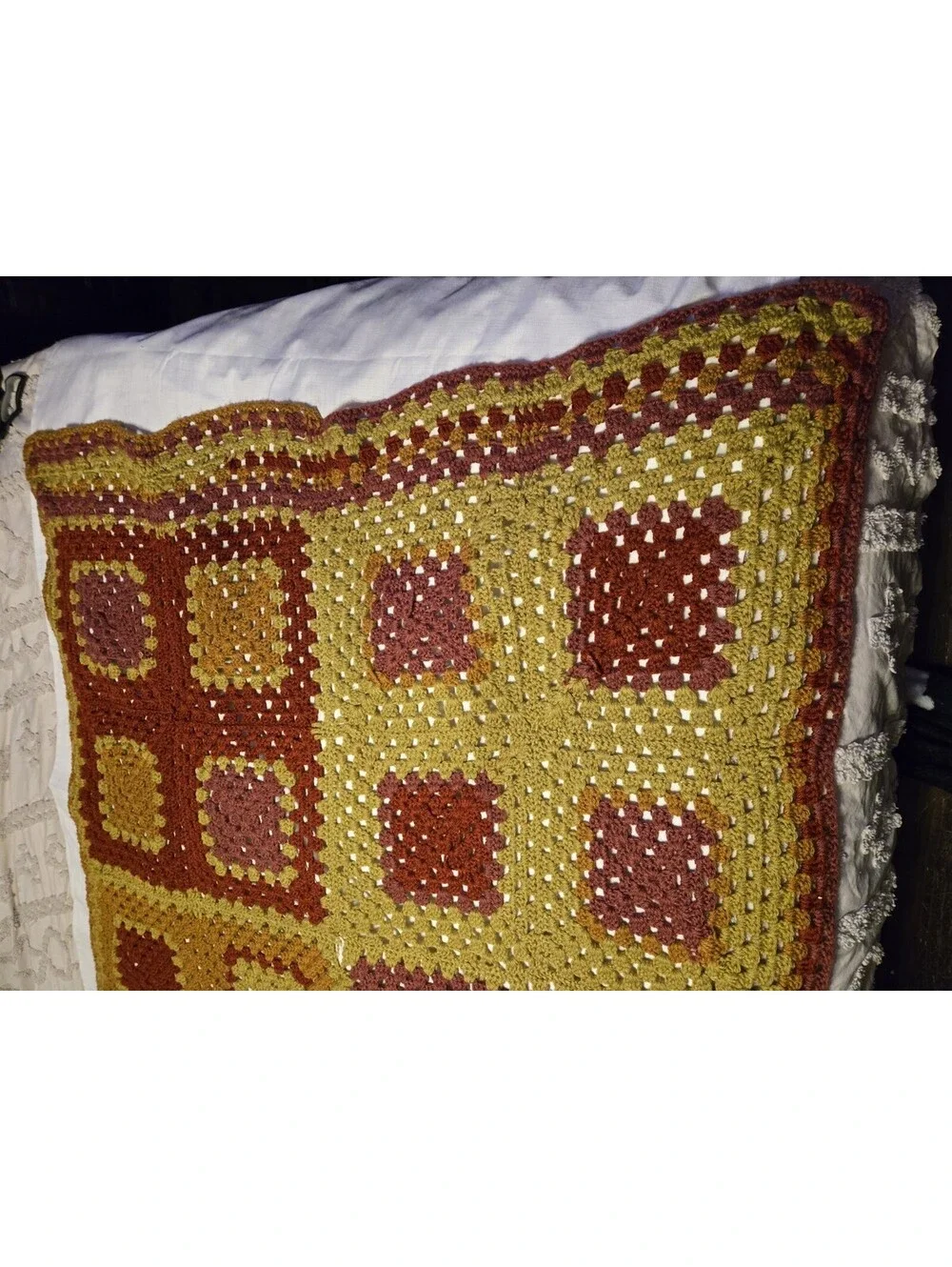 Vtg Handmade Crochet Granny Square Afghan Blanket Mustard Orange Burgundy  Read